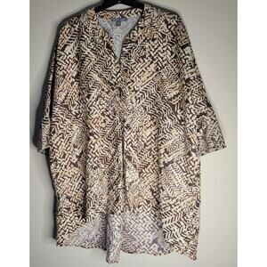Jessica London Top 20W Plus Sz Brown Beige Gold BambooPrint Linen Blend High Low
